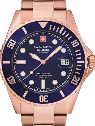 Front view of Swiss Alpine Military 7053.1165 Blue Dial Rose Gold Stainless Steel Unisex Watch on white background