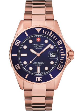 Angle shot of Swiss Alpine Military 7053.1165 Blue Dial Rose Gold Stainless Steel Unisex Watch on white background