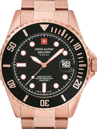 Front view of Swiss Alpine Military 7053.1167 Black Dial Rose Gold Stainless Steel Unisex Watch on white background