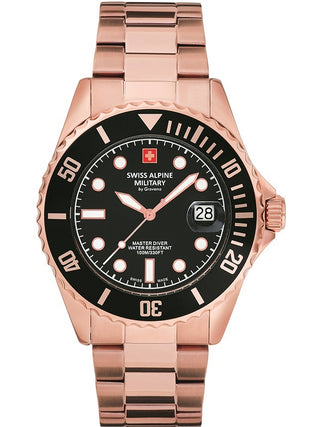 Angle shot of Swiss Alpine Military 7053.1167 Black Dial Rose Gold Stainless Steel Unisex Watch on white background