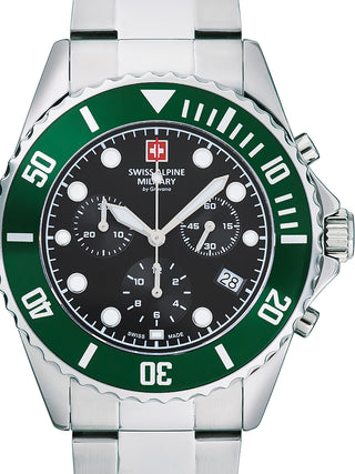 Front view of Swiss Alpine Military Chronograph 7053.9133 Black Dial Silver Stainless Steel Unisex Watch on white background