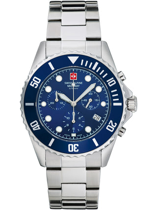 Angle shot of Swiss Alpine Military Chronograph 7053.9135 Blue Dial Silver Stainless Steel Unisex Watch on white background