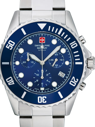 Front view of Swiss Alpine Military Chronograph 7053.9135 Blue Dial Silver Stainless Steel Unisex Watch on white background