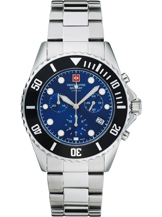 Angle shot of Swiss Alpine Military Chronograph 7053.9138 Blue Dial Silver Stainless Steel Unisex Watch on white background