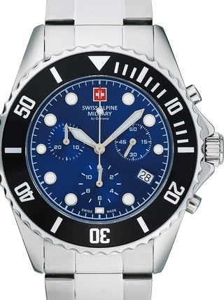 Front view of Swiss Alpine Military Chronograph 7053.9138 Blue Dial Silver Stainless Steel Unisex Watch on white background