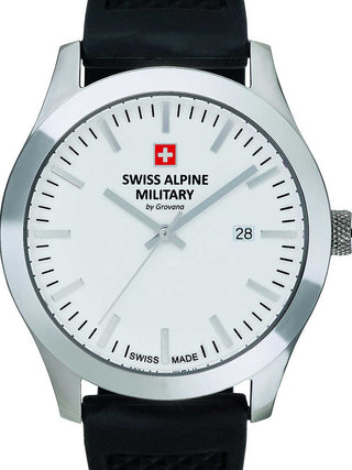 Front view of Swiss Alpine Military 7055.1833 White Dial Black Silicone Unisex Watch on white background