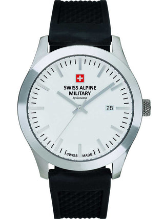 Angle shot of Swiss Alpine Military 7055.1833 White Dial Black Silicone Unisex Watch on white background