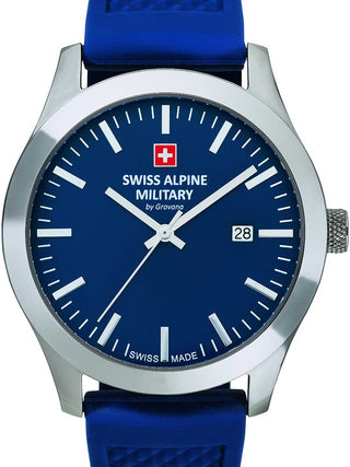Front view of Swiss Alpine Military 7055.1835 Blue Silicone Unisex Watch on white background