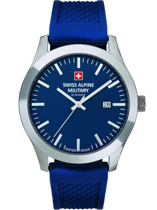 Angle shot of Swiss Alpine Military 7055.1835 Blue Silicone Unisex Watch on white background