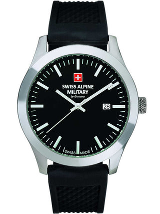 Angle shot of Swiss Alpine Military 7055.1837 Black Silicone Unisex Watch on white background