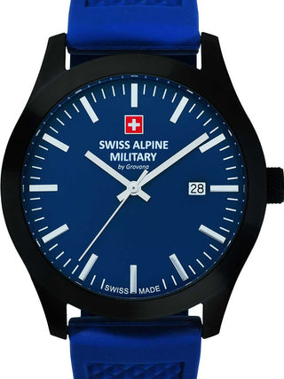 Angle shot of Swiss Alpine Military 7055.1875 Blue Silicone Unisex Watch on white background