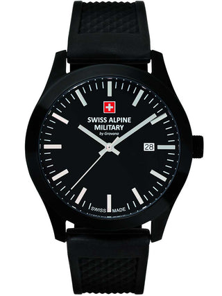 Angle shot of Swiss Alpine Military 7055.1877 Black Silicone Unisex Watch on white background