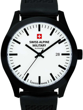 Front view of Swiss Alpine Military 7055.1873 White Dial Black Silicone Unisex Watch on white background