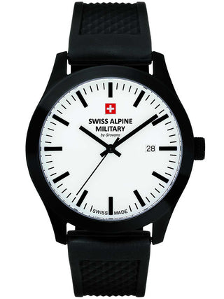 Angle shot of Swiss Alpine Military 7055.1873 White Dial Black Silicone Unisex Watch on white background
