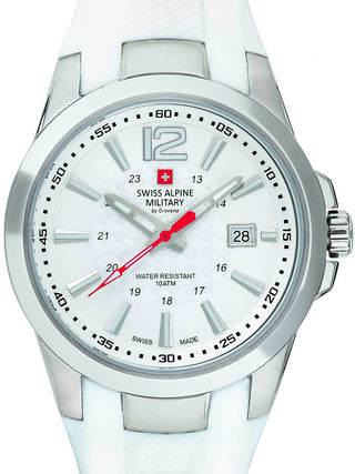 Front view of Swiss Alpine Military 7058.1833 Silver Dial White Silicone Unisex Watch on white background