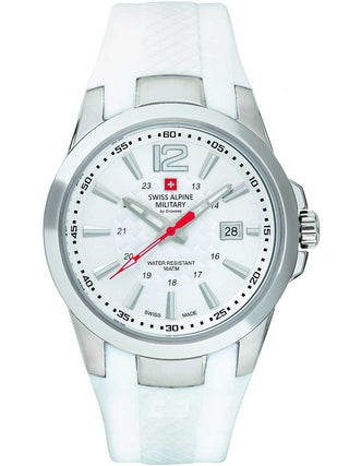 Angle shot of Swiss Alpine Military 7058.1833 Silver Dial White Silicone Unisex Watch on white background