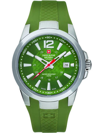 Angle shot of Swiss Alpine Military 7058.1838 Green Silicone Unisex Watch on white background