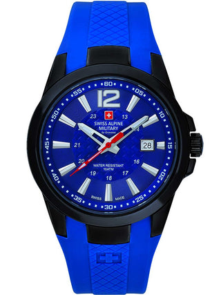 Angle shot of Swiss Alpine Military 7058.1875 Blue Silicone Unisex Watch on white background