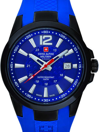 Front view of Swiss Alpine Military 7058.1875 Blue Silicone Unisex Watch on white background