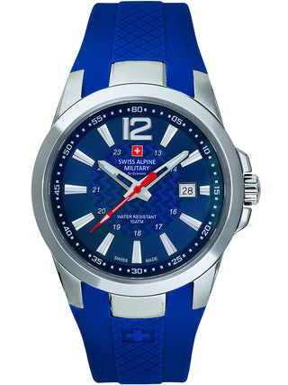 Angle shot of Swiss Alpine Military 7058.1835 Blue Silicone Unisex Watch on white background