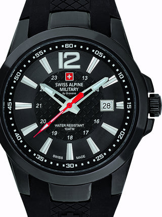 Angle shot of Swiss Alpine Military 7058.1877 Black Silicone Unisex Watch on white background