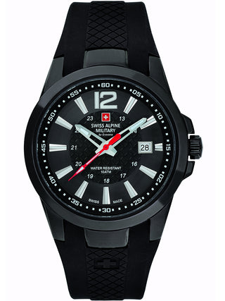 Angle shot of Swiss Alpine Military 7058.1877 Black Silicone Unisex Watch on white background