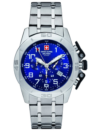 Angle shot of Swiss Alpine Military Chronograph 7063.9135 Blue Dial Silver Stainless Steel Unisex Watch on white background