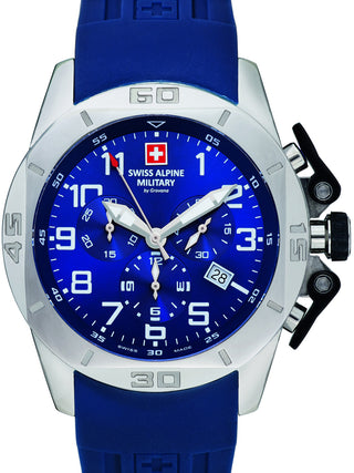 Front view of Swiss Alpine Military Chronograph 7063.9835 Blue Silicone Unisex Watch on white background
