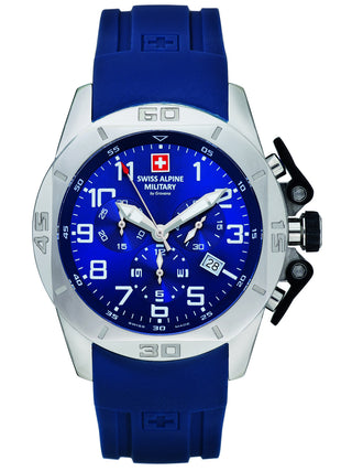 Angle shot of Swiss Alpine Military Chronograph 7063.9835 Blue Silicone Unisex Watch on white background