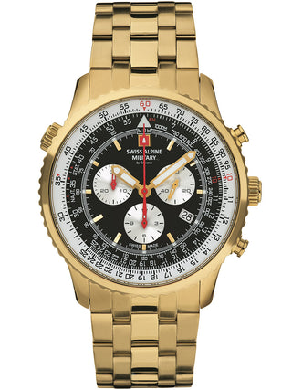 Angle shot of Swiss Alpine Military Chronograph 7078.9117 Black Dial Gold Stainless Steel Unisex Watch on white background