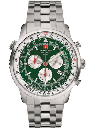 Angle shot of Swiss Alpine Military Chronograph 7078.9134 Green Dial Silver Stainless Steel Unisex Watch on white background
