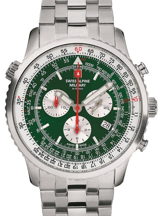 Front view of Swiss Alpine Military Chronograph 7078.9134 Green Dial Silver Stainless Steel Unisex Watch on white background