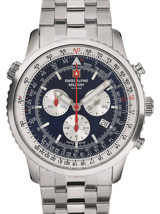 Front view of Swiss Alpine Military Chronograph 7078.9135 Blue Dial Silver Stainless Steel Unisex Watch on white background