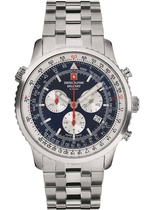 Angle shot of Swiss Alpine Military Chronograph 7078.9135 Blue Dial Silver Stainless Steel Unisex Watch on white background