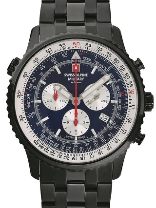 Front view of Swiss Alpine Military Chronograph 7078.9175 Blue Dial Black Stainless Steel Unisex Watch on white background