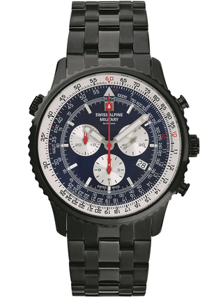 Angle shot of Swiss Alpine Military Chronograph 7078.9175 Blue Dial Black Stainless Steel Unisex Watch on white background