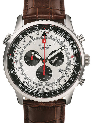 Front view of Swiss Alpine Military Chronograph 7078.9532 Silver Dial Brown Leather Unisex Watch on white background