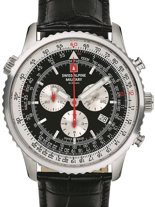 Front view of Swiss Alpine Military Chronograph 7078.9537 Black Leather Unisex Watch on white background