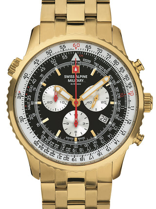 Front view of Swiss Alpine Military Chronograph 7078.9117 Black Dial Gold Stainless Steel Unisex Watch on white background