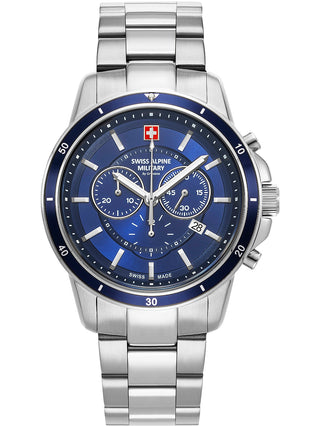 Angle shot of Swiss Alpine Military Chronograph 7089.9135 Blue Dial Silver Stainless Steel Unisex Watch on white background