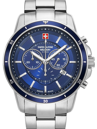 Front view of Swiss Alpine Military Chronograph 7089.9135 Blue Dial Silver Stainless Steel Unisex Watch on white background