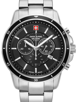 Front view of Swiss Alpine Military Chronograph 7089.9137 Black Dial Silver Stainless Steel Unisex Watch on white background