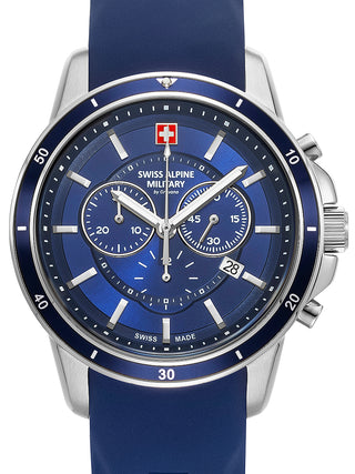 Front view of Swiss Alpine Military Chronograph 7089.9835 Blue Silicone Unisex Watch on white background