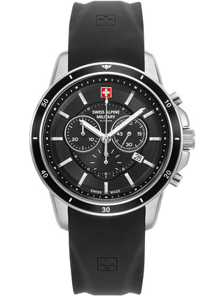 Angle shot of Swiss Alpine Military Chronograph 7089.9837 Black Silicone Unisex Watch on white background