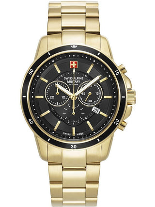 Angle shot of Swiss Alpine Military Chronograph 7089.9117 Black Dial Gold Stainless Steel Unisex Watch on white background