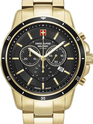 Front view of Swiss Alpine Military Chronograph 7089.9117 Black Dial Gold Stainless Steel Unisex Watch on white background
