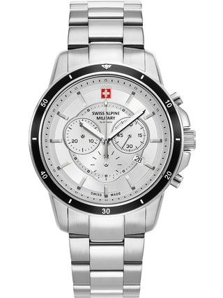 Angle shot of Swiss Alpine Military Chronograph 7089.9132 Silver Stainless Steel Unisex Watch on white background