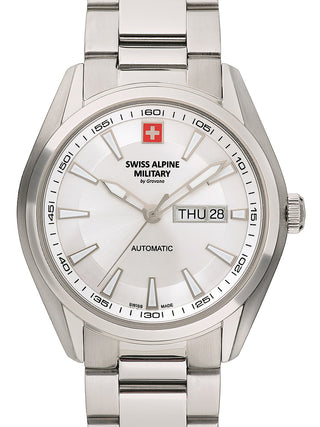 Front view of Swiss Alpine Military 7090.2132 Silver Stainless Steel Unisex Watch on white background