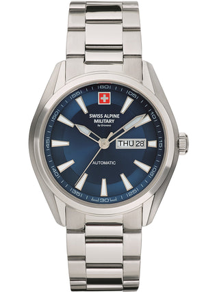 Angle shot of Swiss Alpine Military 7090.2135 Blue Dial Silver Stainless Steel Unisex Watch on white background