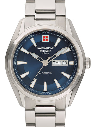 Front view of Swiss Alpine Military 7090.2135 Blue Dial Silver Stainless Steel Unisex Watch on white background